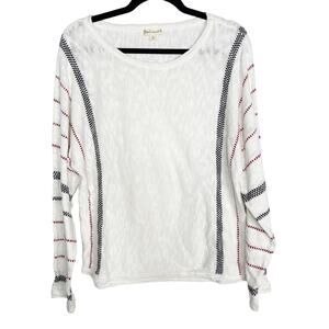 New Hem & Thread Large L White White Striped Sleeve Scoop Neck Sweater Red Black